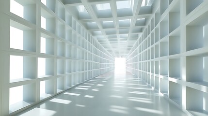 Poster - Modern white architectural hallway, empty interior, bright light, spacious