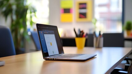 Aufkleber - Laptop on desk, office workspace, creative background
