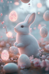 Poster - In a dreamy meadow, a white rabbit gazes curiously while softly glowing floral patterns decorate its fur. Surrounding it are floating Easter eggs that radiate a warm light