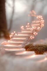 Poster - Soft light illuminates a staircase intertwined with rose vines, leading through a golden mist. This enchanting pathway evokes feelings of renewal and the promise of spring