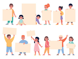 Funny children with blank banners. Cartoon kids hold paper sheets or posters, happy boys and girls showing boards for messages, empty advertising placard, characters with billboard vector set