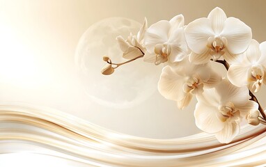 Aufkleber - Elegant white orchids, moonlit silk wave background, serenity, spa decor