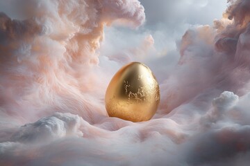 Poster - A golden Easter egg drifts gracefully through a swirling pastel nebula, reflecting cosmic light and absorbing the surrounding celestial energy in a serene cosmic environment