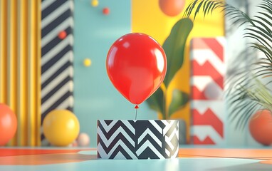 Poster - Red Balloon on Colorful Geometric Platform. Interior Scene. Stock Photo