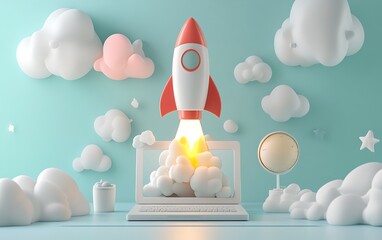 Poster - Rocket launching from laptop, clouds background, business start-up concept