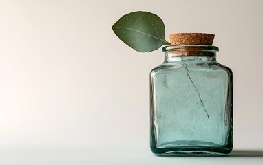 Aufkleber - Teal glass jar with cork and leaf on plain background