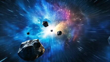 Wall Mural - Asteroids traveling at high speed through a colorful nebula
