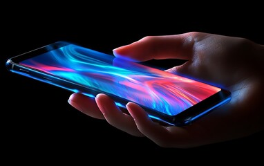 Poster - Hand holding futuristic phone with vibrant screen display