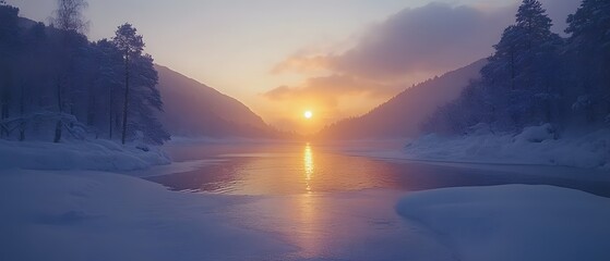 Serene winter landscape at sunset with snow covered trees and a frozen lake reflecting light