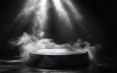 Poster - Empty dark stage with smoke and spotlights for product display