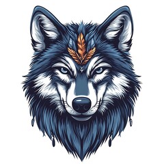 Canvas Print - Detailed illustration of a stylized wolf head with a feather headdress. Possible use for graphic design or merchandise