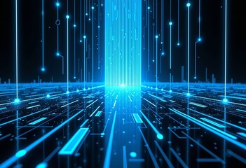 Poster - Modern Technology Interface: A Positive View of Blue Glowing Lines in a Vertical Bar on Black
