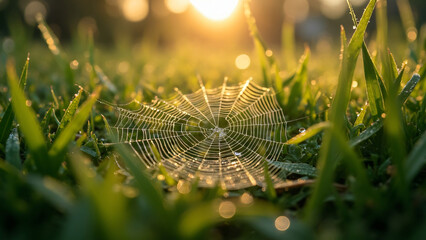 A dewdrop-covered spiderweb glistening in the early morning sunlight in a lush spring garden