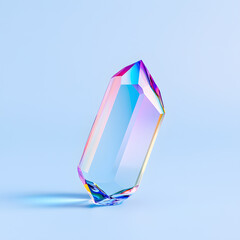 Bright reflective crystal, holographic diamond shape gem isolated on light pastel background