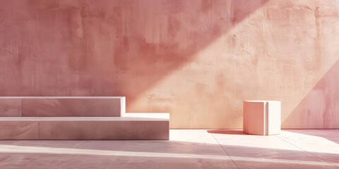 Poster - A minimalistic aesthetic featuring a light cranberry backdrop, Geometric shapes and muted tones, Contemporary minimalist style