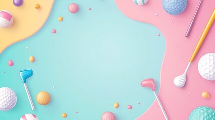 Poster - Abstract golf balls and clubs on pastel background. Possible use Background image for social media posts or website design