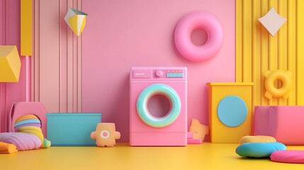 Poster - Pastel Pink Washing Machine in Geometric Room