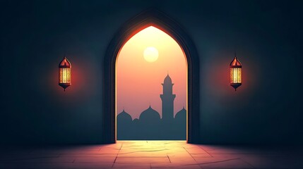 Aufkleber - Islamic archway leading to mosque at sunset. Possible use  Background image, or stock photo for Islamic content