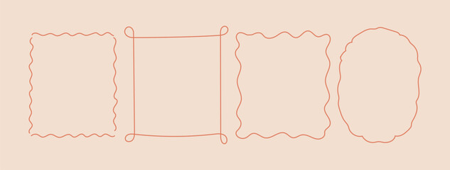 Set doodle hand drawn frames with wavy lines and bow.. Minimalist simple line art. Trendy retro vintage shabby chic whimsical borders for wedding invitations, birthday card, prints. Vector
