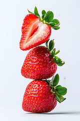 Wall Mural - Sliced strawberry floating vertically in mid-air, isolated on a white background