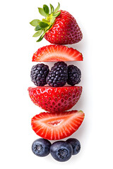 Wall Mural - Sliced strawberry floating vertically in mid-air, isolated on a white background