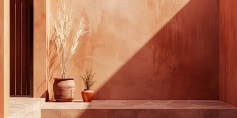 Poster - A minimalistic aesthetic featuring a light terracotta backdrop, Subtle textures and warm tones, Contemporary minimalist style