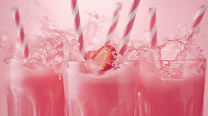Poster - refreshing strawberry milkshake with splash and striped straws on a pink background