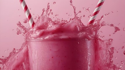 Poster - vibrant pink smoothie explosion with striped straws creating a refreshing and delicious splash