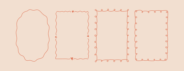 set doodle hand drawn frames with wavy lines and bow.. minimalist simple line art. trendy retro vint
