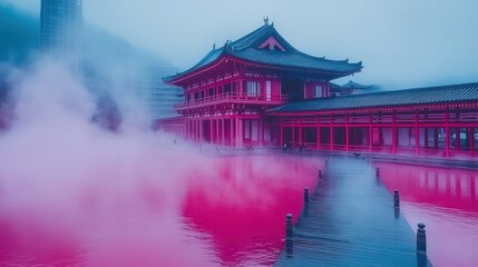 Poster - Misty Pink Lake, Ancient Chinese Temple, Foggy Morning