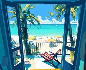 Wall Mural - A balcony view of Mondello’s white sand beach in Sicily, featuring a small chair, palm trees, and a turquoise sea in summer