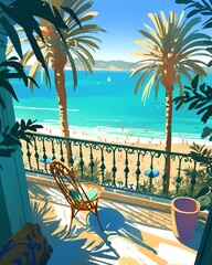 Wall Mural - A balcony view of Mondello’s white sand beach in Sicily, featuring a small chair, palm trees, and a turquoise sea in summer