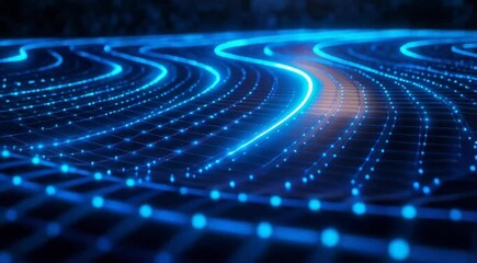 Poster - Glowing digital wave of blue particles on dark background.