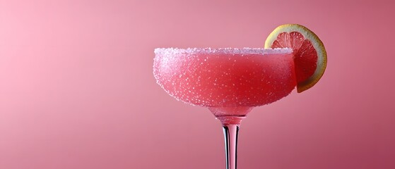 Poster - Refreshing pink grapefruit margarita with sugared rim against a soft pink background studio shot