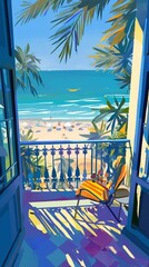 Wall Mural - A balcony view of Mondello’s white sand beach in Sicily, featuring a small chair, palm trees, and a turquoise sea in summer