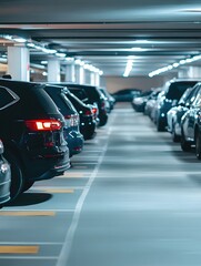 Poster - Cars parked in an underground parking lot with geometric lines and modern lighting design