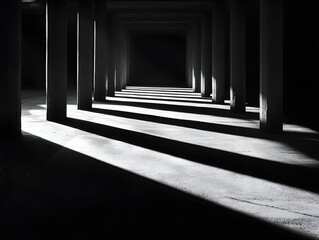 Poster - Ethereal Concrete Pillars Casting Dramatic Shadows in a Stark and Minimalist Interior Space