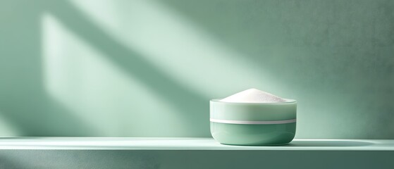 Poster - Minimalist Presentation of White Powder in Green Container with Soft Light and Shadow Play