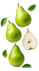 Wall Mural - Green pears slices floating in the air, isolated white background