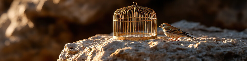 Wall Mural - Bird and Empty Birdcage on Rock