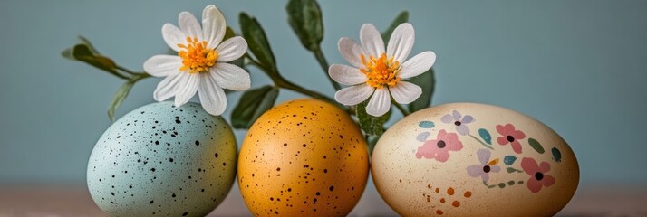 Canvas Print - Festive Easter Arrangement Colorful Eggs Adorned with Floral Designs and Delicate Daisies