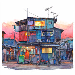 Watercolor illustration depicting a vibrant, stacked shanty town under a warm, colorful sky with hanging laundry..