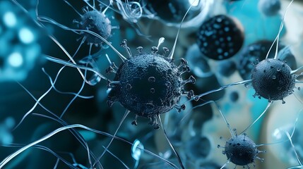 Poster - Microscopic digital or 3D rendering of the detailed structure and shape of infectious viral pathogens such as influenza or coronavirus in the context of medical research healthcare