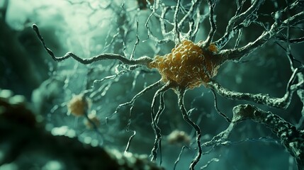 Leinwandbilder - Microscopic view of interconnected brain neurons forming a digital neural network pattern  Abstract science and medical background showing the complex connectivity of the central nervous system
