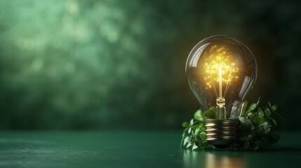 Poster - A glowing light bulb radiates bright energy, symbolizing innovation and creativity, nestled in lush green foliage against a dynamic green backdrop, inspiring fresh ideas and possibilities