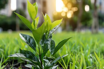 Canvas Print - Fresh Young Green Plant Growing in Lush Grass with Soft Sunlight Background in Urban Park Setting