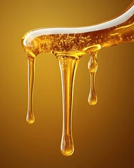 Poster - Golden Honey Drips in a Viscous Flowing Stream with Bubbles on a Warm Background