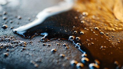 Fototapete - A close-up of dark liquid with bubbles flowing over a textured surface, symbolizing motion, fluidity, and the contrast between light and dark elements in abstract art.