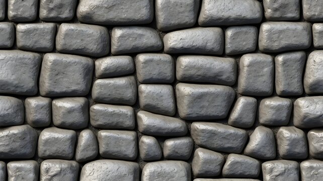 Seamless gray cobblestone wall or road background texture. Tileable grungy natural rock and stone shaped path or walkway repeat surface pattern. A high resolution construction backdrop 3D rendering. 