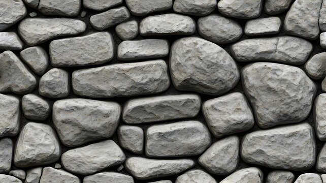 Seamless gray cobblestone wall or road background texture. Tileable grungy natural rock and stone shaped path or walkway repeat surface pattern. A high resolution construction backdrop 3D rendering. 